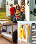 Family by camper van outdoors, kids' bunk bed room, and closet with Four Pack Hanging Closet Organizers With Six Compartments on right