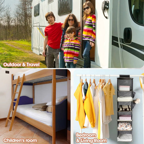 Family by camper van outdoors, kids' bunk bed room, and closet with Four Pack Hanging Closet Organizers With Six Compartments on right