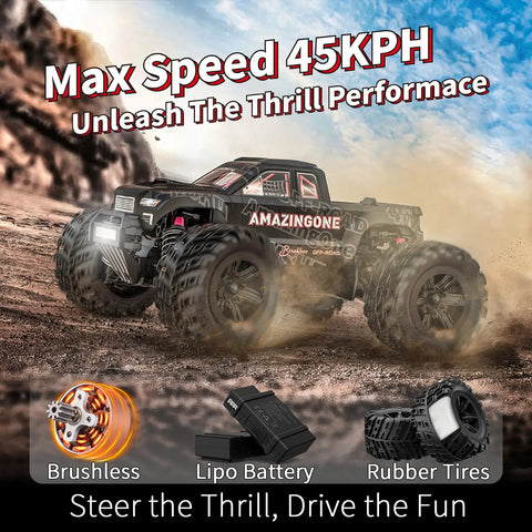 1/20 Scale Brushless RC Car With Dual 2S LiPo Batteries, High Speed 45KMH All Terrain 4x4 Off Road Buggy in motion on dirt