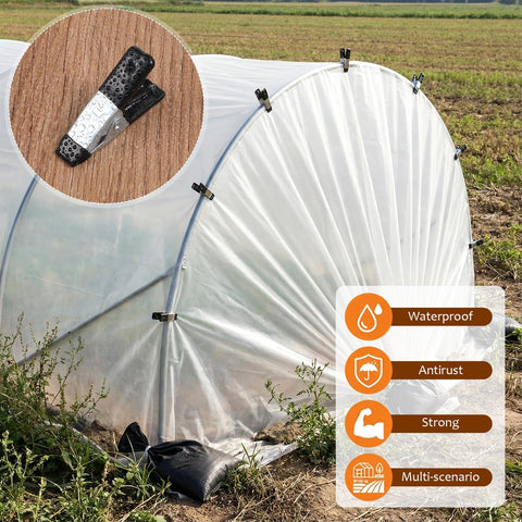 Image showing 2-Inch Heavy-Duty Metal Spring Clamps Set With Non-Slip Rubber Tips securing a plastic cover on a garden hoop.