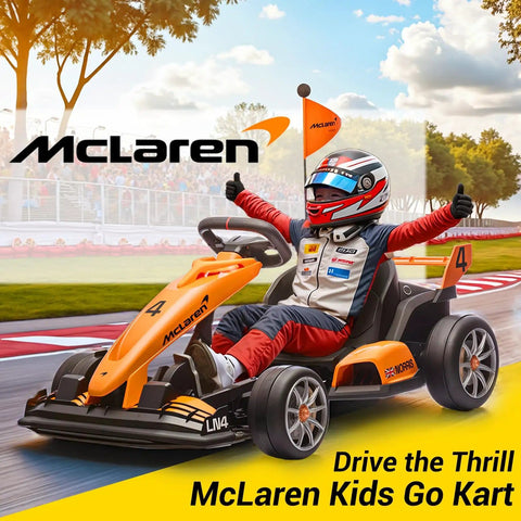 McLaren Licensed 24V Kids Electric Go Kart With Dual 200W Motors F1 Drift Style Ride On Car Adjustable Seat Six Safety Upgrades CVT Speed Mode Anti Skid Tires And LED Lights Orange on track