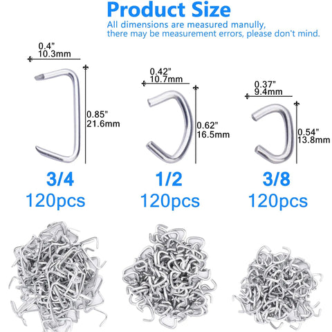 Image showing dimensions and quantity of rings in Upholstery Hog Ring Kit With Pliers 480 Piece Galvanized Set