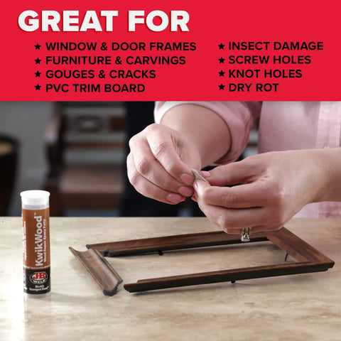 Person using KwikWood Wood Repair Epoxy Putty Stick 1 Oz Beige Tan for rotted wood repairs on a wooden frame, quick set in 15-25 minutes