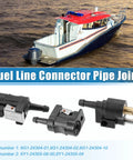 Three Pack Marine Fuel Line Connectors 6mm Female To 6mm Male Quick Connect Fittings For Yamaha Outboard Motors Fuel Tank Hose Adapters 1/4 Inch displayed below a boat image.