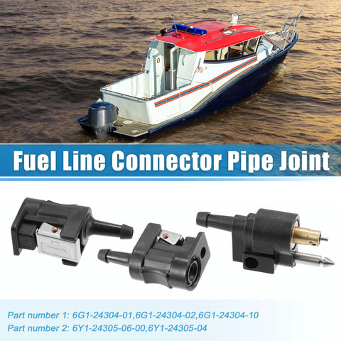 Three Pack Marine Fuel Line Connectors 6mm Female To 6mm Male Quick Connect Fittings For Yamaha Outboard Motors Fuel Tank Hose Adapters 1/4 Inch displayed below a boat image.