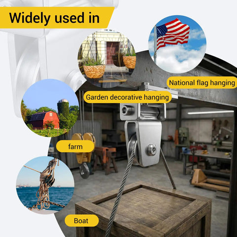 Six Pack 1-3 Eighths Inch Groove Cable Pulley Wheel Kit used for flag, garden, farm, and boat setups, featuring duplex bearings.