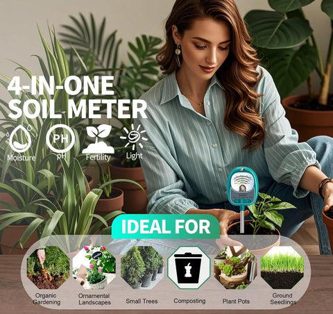 Woman using No Fuss 4 In 1 Soil Tester For Plants With Large Dial Readout in garden with various plants around.
