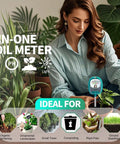 Woman using All In One Soil Tester For Gardening With Moisture And PH Meter Sunlight And Fertility Readouts Large Dial