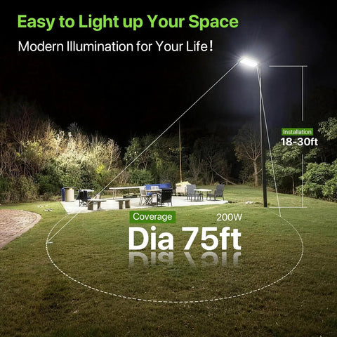Outdoor installation of 200W LED Parking Lot Light With 30000LM Dusk To Dawn Photocell IP65 Waterproof Area Lighting highlighting a large area.