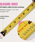 Close-up of a 25 Foot Tape Measure With Fractions, Retractable Steel Blade, Magnetic Hook, Three Brake System, Nylon Coating