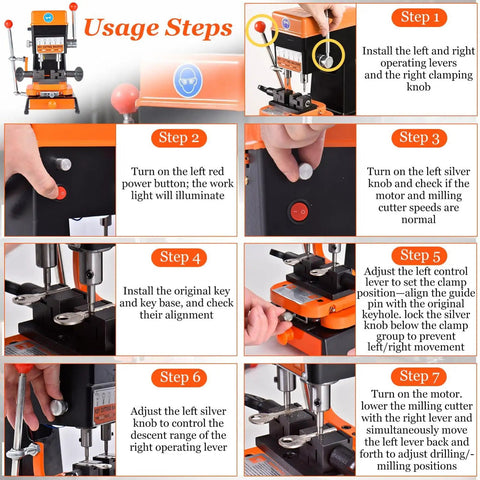 Usage steps for Badass Vertical Cutter And Duplicator Machine With Adjustable Speed Drill Bits for precision metal grooving.