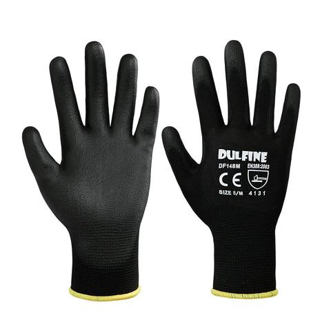 Ultra Thin PU Coated Work Gloves 12 Pairs With Nylon Knit Shell And Knit Wrist Cuff For Light Duty Jobs displayed on white background