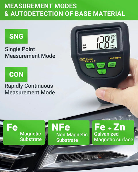 Automotive Paint Thickness Gauge For Car Panels, High Resolution Coating Meter From 0 To 59.1 Mils Or 1500 Micrometers, 0.01 Mil Resolution To 0.1 Micrometers, Fe NFe Zn Auto Detection, Auto Calibration, Ideal For Door Hood Roof And Body Panels, hand-held