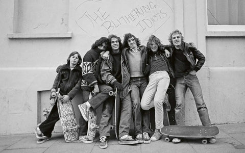 Group of skaters against wall, 1980s, reflecting 'Skateboarding Through A British Lens 1988 1995 Hardcover Read And Destroy Archive'