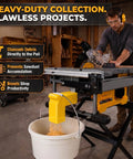Heavy Duty Table Saw Dust Collection Adapter With Universal Hose Connector for Rock Solid Suction in use, channeling sawdust to bucket.