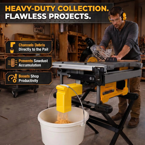 Heavy Duty Table Saw Dust Collection Adapter With Universal Hose Connector for Rock Solid Suction in use, channeling sawdust to bucket.