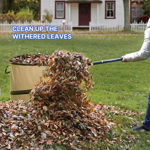 Person raking leaves with a Five-Tine Pitchfork For Gardening 57-Inch Heavy Duty Garden Fork With Fiberglass Handle