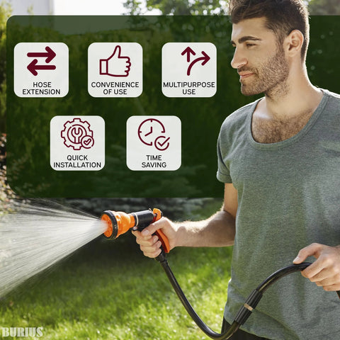 Man holding garden hose spray nozzle with orange handle in a sunny backyard.