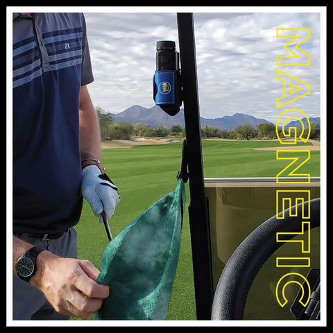 Heavy Duty Magnetic Golf Towel With Top Tier Neodymium Magnet For Carts And Clubs ultra absorbent microfiber towel in use attached to golf cart.