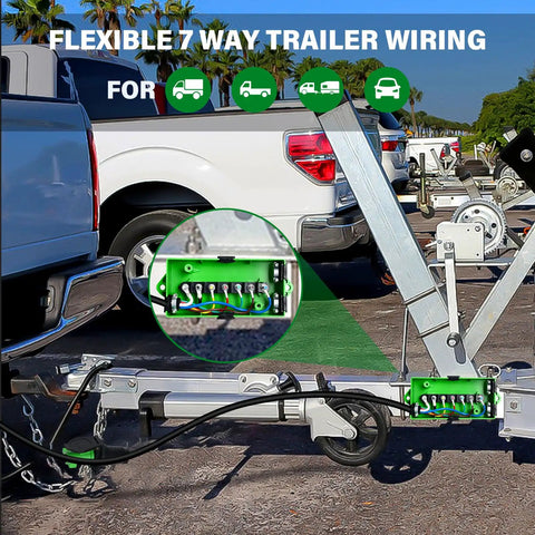 Heavy Duty Six Foot Seven Pin Trailer Wiring Harness With Seven Way Junction Box and Pure Copper Cord connected to a trailer.