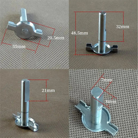 Close-up images of metal parts with measurements for Bread Maker Bucket Drive Repair Kit 9pc Metal Set For Pan Bottom Transmission Fix.