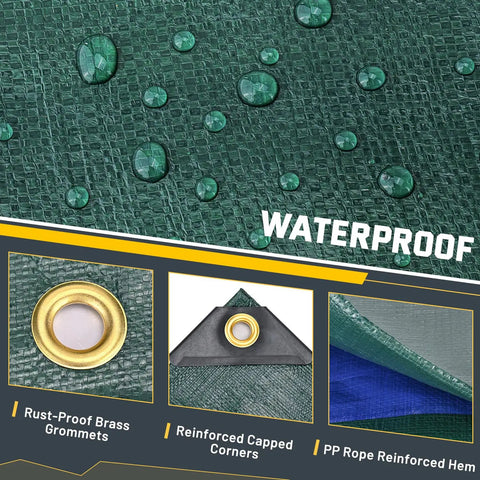 16 Mil Heavy Duty Waterproof Tarp With Metal Grommets, Reversible Dark Green And Blue Poly Tarp, 10x12 Ft Outdoor Shelter