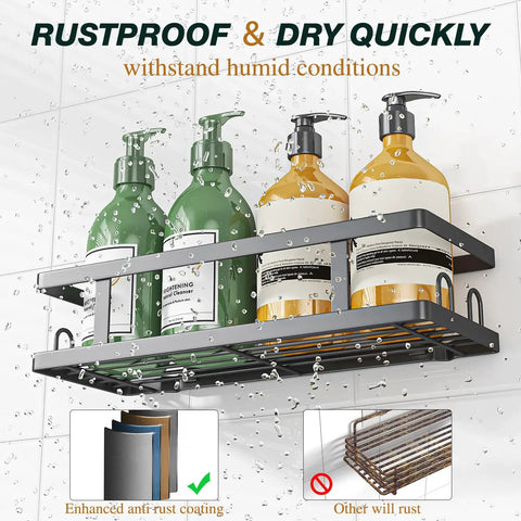 Adhesive Shower Caddy 3 Pack With Two Shelves, Soap Holder And 12 Hooks For Tidy Bathrooms, no drilling rustproof black caddy