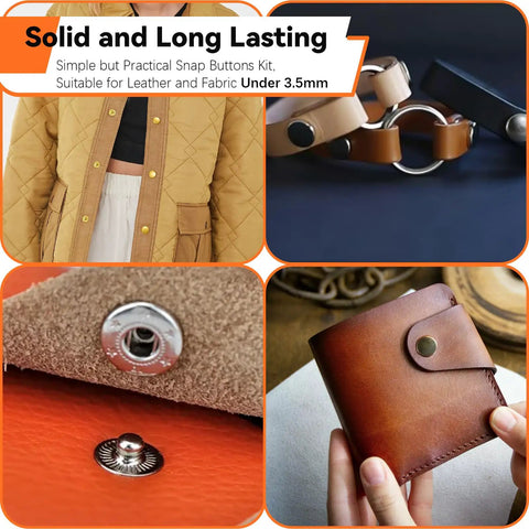 Must Have Leather Snaps And Fasteners Kit With 17mm Snap Buttons And Press Pliers, 40 Sets In 4 Colors, shown on jacket and wallet