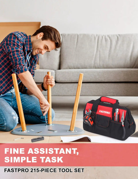 Man assembling furniture with All In One 215 Piece Home Repair Tool Set With 12 Inch Wide Mouth Storage Bag A Real Workhorse For DIY Projects Heavy Duty Household Hand Tool Kit Red visible.