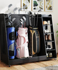 Wooden Golf Bag Organizer With Wheels, Heavy Duty 3-Bag Golf Storage Rack For Garage Or Home Golf Club, showing golf bags