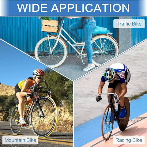 Collage of traffic, mountain, and racing bikes showing wide application of All In One 4 In 1 Bicycle Wrench Kit For Quick Bike Repairs.