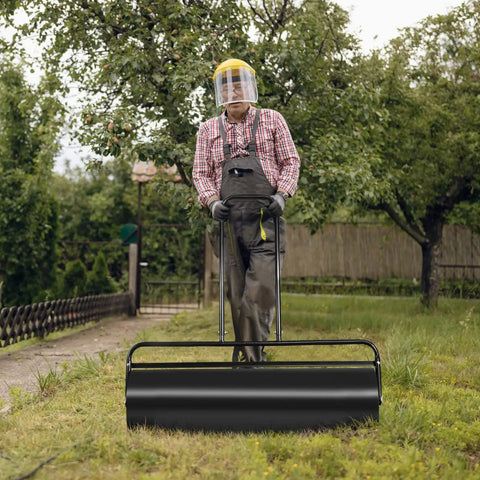 Person using heavy duty lawn roller water or sand filled steel drum roller with U shaped handle for yard work, 24x13 inch, 13 gallon.