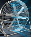 Heavy Duty Industrial Floor Fan With Multi Angle Tilt Stand And Reinforced Steel Frame, cools large spaces with high velocity.