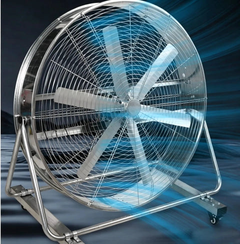 Heavy Duty Industrial Floor Fan With Multi Angle Tilt Stand And Reinforced Steel Frame, cools large spaces with high velocity.