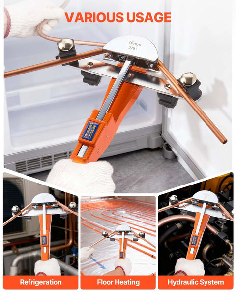 VEVOR Ratcheting Tubing Bender Kit For Copper And Aluminum 1/4 To 7/8 Inch with seven dies, shaping copper for refrigeration and heating.