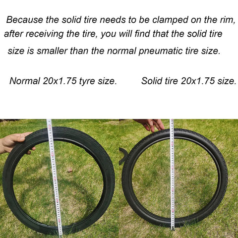 Comparison of normal 20x1.75 tire with Solid Airless Bike Tire 20x1.75 No Pump Needed Inflation Free Puncture Proof Anti Slip