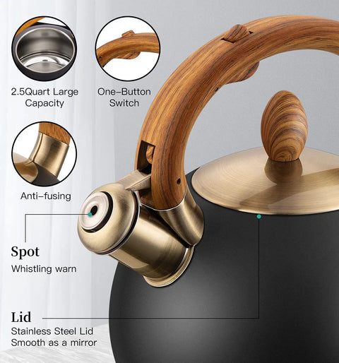 Induction Ready Whistling Tea Kettle And Teapot, 2.64 Qt Stainless Steel With Cool Touch Ergonomic Handle, Polished Black