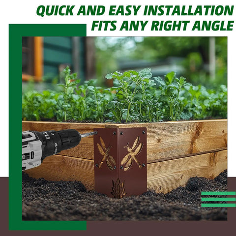 Hella Sturdy 4 Pack 8 Inch Corner Brackets For Raised Garden Bed With Wood Planter Box featuring decorative flower dragonfly cutouts during installation.