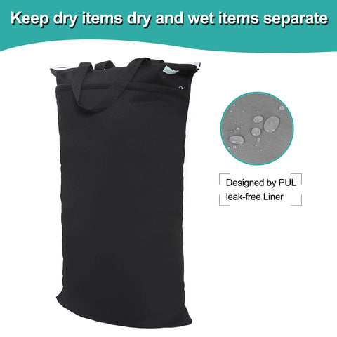 Huge Hanging Wet Dry Cloth Diaper Bag In Black For Diapers And Messes, Leak-Free PUL Fabric, Reusable 16x27 Inch, with sturdy handles.