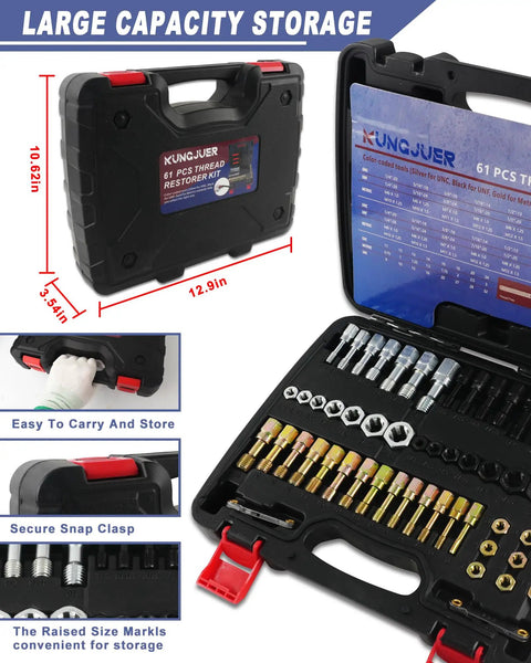 61 Piece All In One Pro Grade Thread Repair Kit With Thread Restorer Tool Set UNC UNF And Metric Chasers in carrying case displayed open