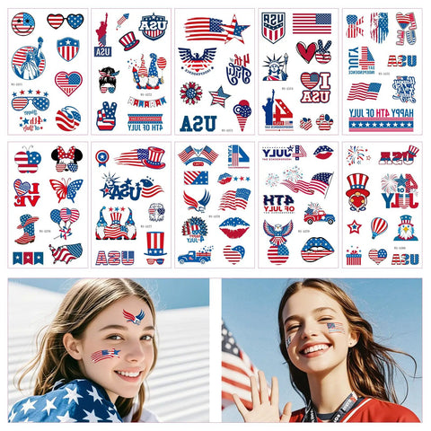 Patriotic Fourth Of July Temporary Tattoos Pack With 80 Vivid Designs Featuring American Flags Fireworks Eagles For Kids Ideal For Independence Day Parties Memorial Day Labor Day And USA Party Favors On 10 Sheets displayed with smiling kids