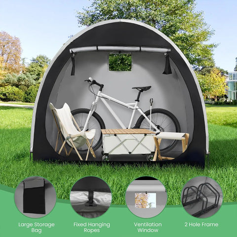 Easy Setup Bike Tent With Built In Bicycle Racks Outdoor Portable Storage Shelter For 2 Or 3 Bikes Weatherproof 210D Oxford with white bike inside on grass