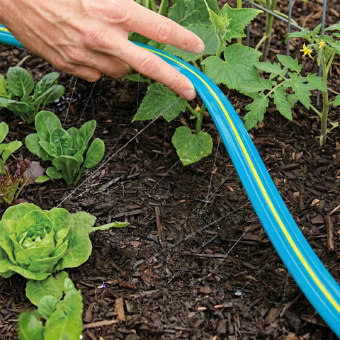 Flat Sprinkler Soaker Hose For Garden Two 50Ft Sections 100Ft Total Heavy Duty 3 Tube Lawn Irrigation Hose With Landscape Stakes