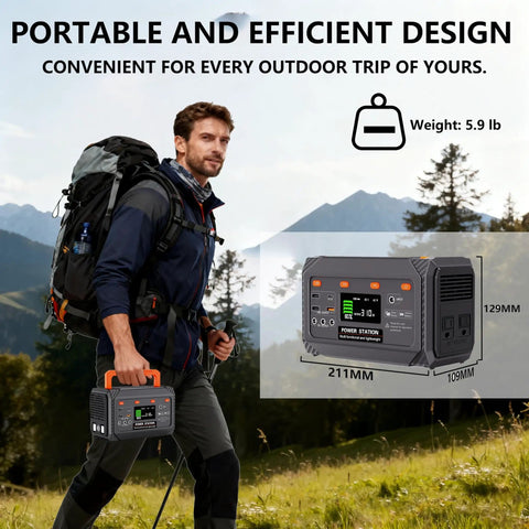 Man hiking with Your Go To Portable Power Station 300W 270Wh Lithium Battery Solar Generator, showing details and size