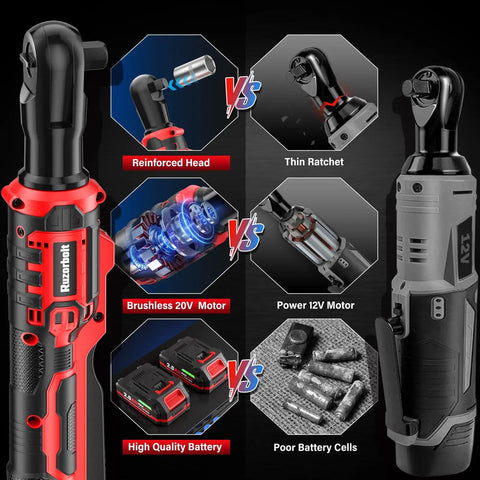 Three Eighths Inch Cordless Ratchet Wrench Set With Brushless Motor Delivers 88 Ft Lbs Torque At 500 RPM On A 20V Battery showing reinforced head and 12V comparison