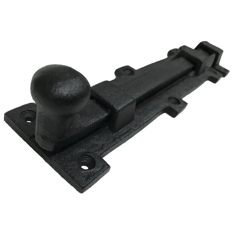 Eight Inch Antique Black Wrought Iron Slide Bolt Door Latch With Top Shelf Durability And Badass Old School Charm For Barn Gates Plus Fence Hardware Includes Mounting Screws, showing side view with knob.