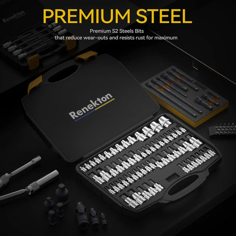 Torx Bit Socket Set And External Star Socket Set, 60-Piece, 1/4 3/8 1/2 Inch Drive in open black case displayed