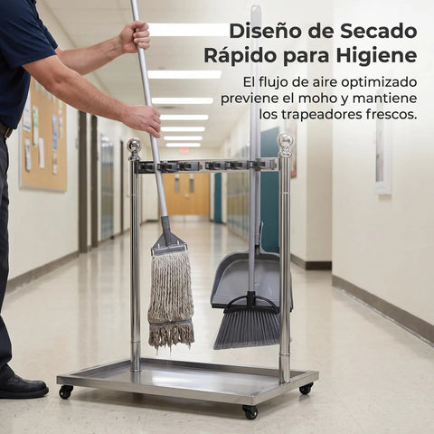 Go-To Floor Standing Mop And Broom Storage Rack For Schools, Factories, And Maintenance Crews - Heavy-Duty Cleaning Tool Holder, Movable Organizer, Keeps Cleaning Supplies Neat, Accessible, Ready To Use. Stainless steel rack on casters holding mop, broom, dustpan.