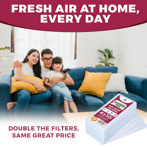 Family on sofa with 24 Pack 4x10 Floor Vent Register Filters For Easy Home Use Polyester Air Filter That Reduces Dust And Allergies Improves Airflow 90 Day Filtration For All Seasons in foreground