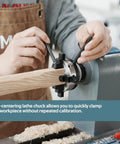 Straight Shooter 3 Inch Wood Lathe Chuck Featuring 4 Reversible Jaws With Self Centering Action clamping wood securely for turning.